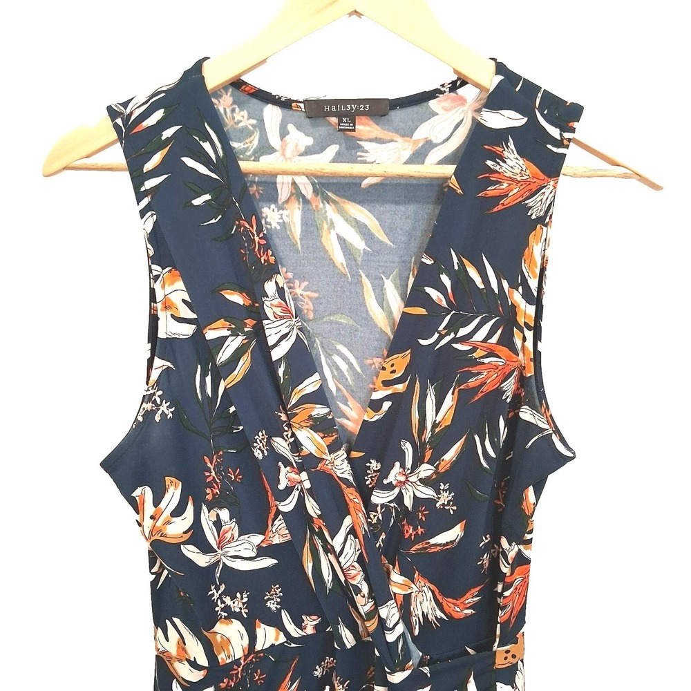 Hail3y:23 Tropical Floral Faux Wrap Midi Dress XL Dark Teal Summer Vacation - Picture 3 of 11